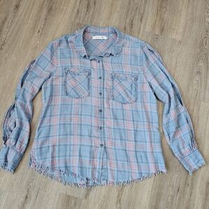 Billy T Pink Blue Plaid Button Down Fringe Top